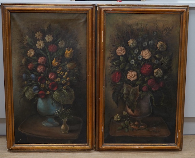 Early 20th century, pair of oils on canvas, Still lifes of flowers in vases, unsigned, 80 x 44cm. Condition - fair, would benefit from a clean